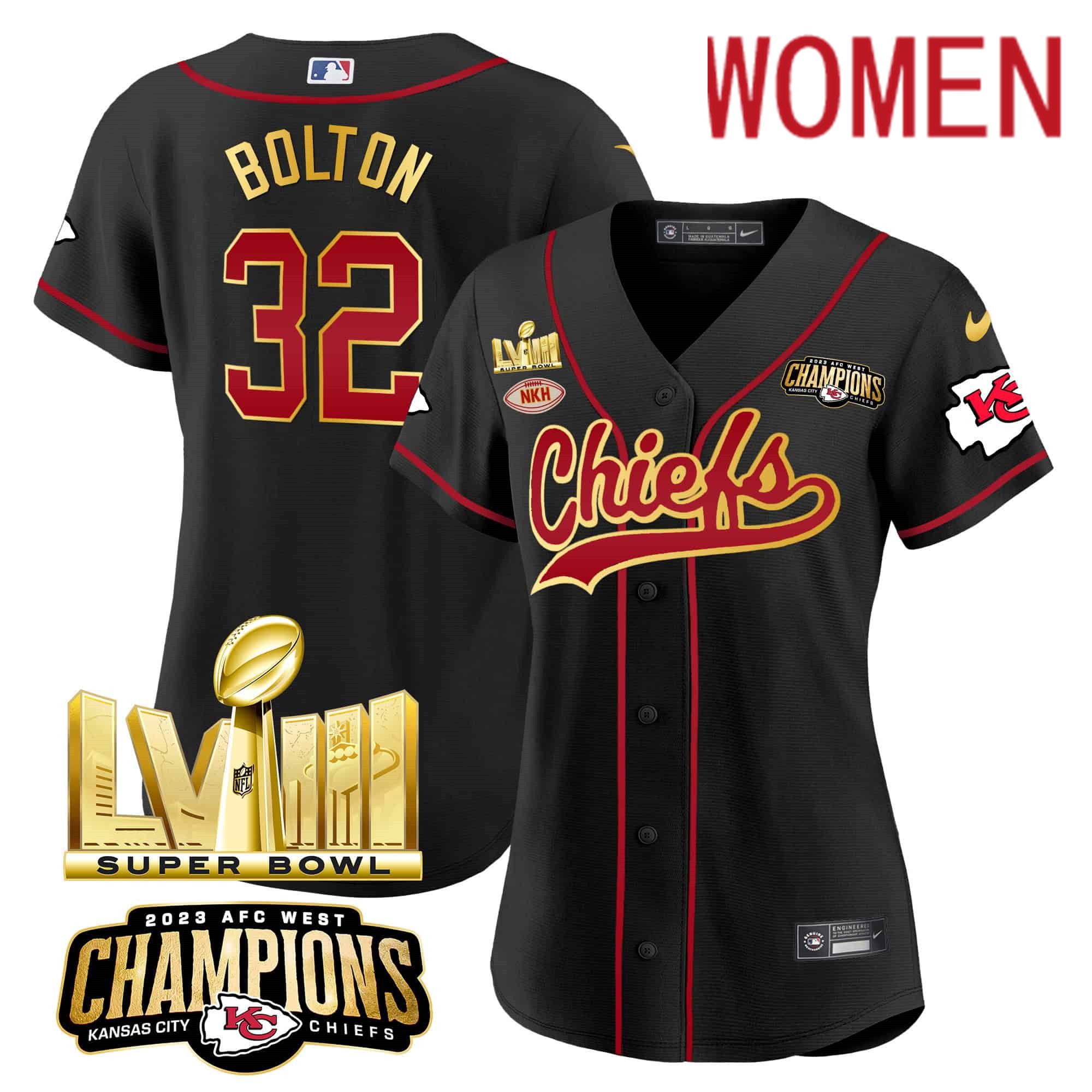 Women Kansas City Chiefs #32 Bolton Black 2024 Nike Super Bowl LVIII Back-2-Back Gold Patch Baseball NFL Jersey